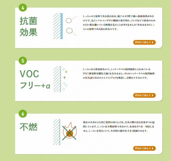 漆喰の特徴説明画像。4. 抗菌効果。5. VOCフリー+α。6. 不燃。しっくいまるわかり大辞典WEBサイトから抜粋