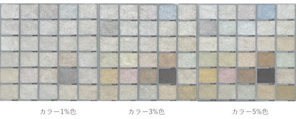 塗り版築のカラーチャート見本。カラー1%色・3%色・5%色の各30種類