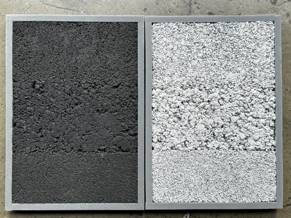 溶岩石を使った版築仕上げサンプル。白と黒の2パターン