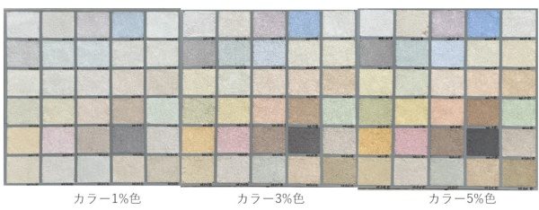塗り版築のカラーチャート見本。カラー1%色・3%色・5%色の各30種類