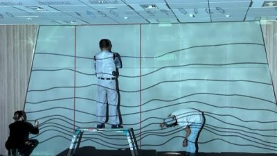 塗り版築オフィス壁 特殊な墨だし方法での施工
