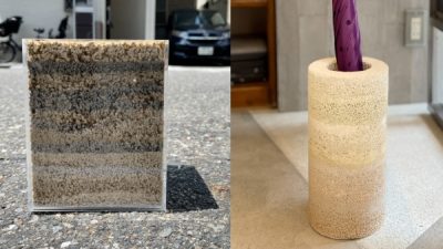 原田左官のアップサイクル 版築やタイルの余った材料を転用