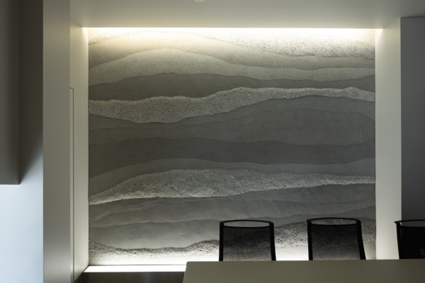 凹凸を付けたプラスタル塗り版築仕上げのオフィス壁面