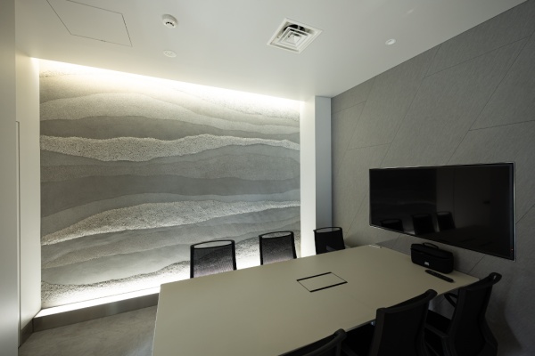 凹凸を付けたプラスタル塗り版築仕上げのオフィス壁面