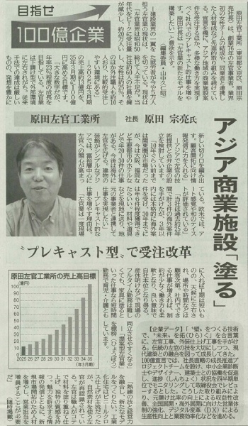 日刊工業新聞に掲載された原田左官工業所に関する記事