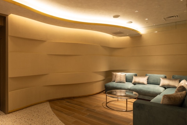 マッテオ・ブリオーニを施工したオフィスのエントランスホールの壁。色はパンナ(TV01)