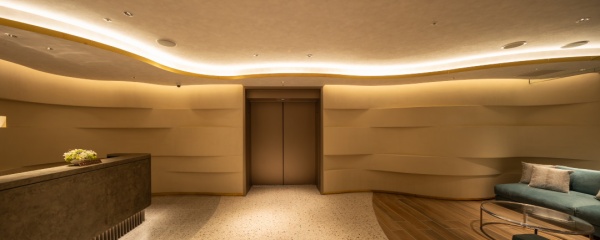 マッテオ・ブリオーニを施工したオフィスのエントランスホールの壁。色はパンナ(TV01)