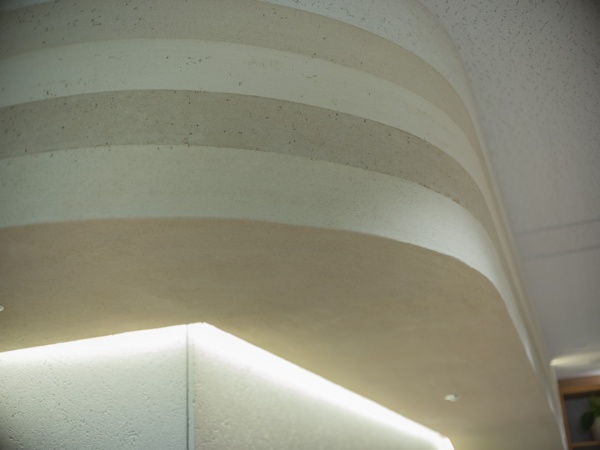 オフィスの壁面に施工した樹脂系の塗り版築仕上げ壁